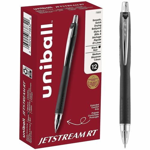 Uniball Jetstream RT Ballpoint Pen, Retractable, 1.0 mm Medium, Black Pigment Ink, Embossed Grip, Stainless Steel Accents, 12/PK