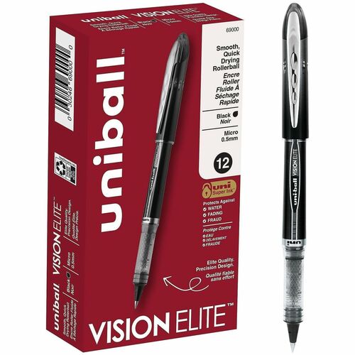 Uni-Ball Vision Elite Rollerball Pen, Capped, 0.5 mm Micro Tip, Black Ink, Uni Super Ink (Fraud/Fade/Water-Resistant), Airplane Safe