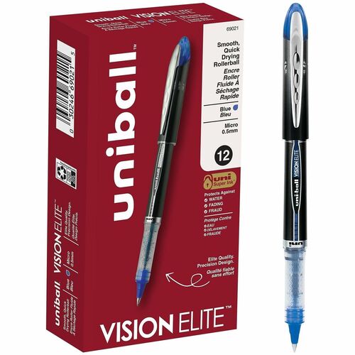 Uni-Ball Vision Elite Rollerball Pen, 0.5mm Micro Tip, Pigment Ink, Blue, Fraud/Fade/Water Resistant, Airplane Safe
