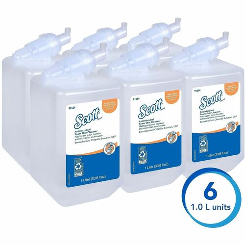 Scott Foam Soap Refill, 1.06 qt, Antimicrobial Unscented Moisturizing Cassette, Push Pump, Clear, for Kleenex Skin Care Dispensers, 6/CT