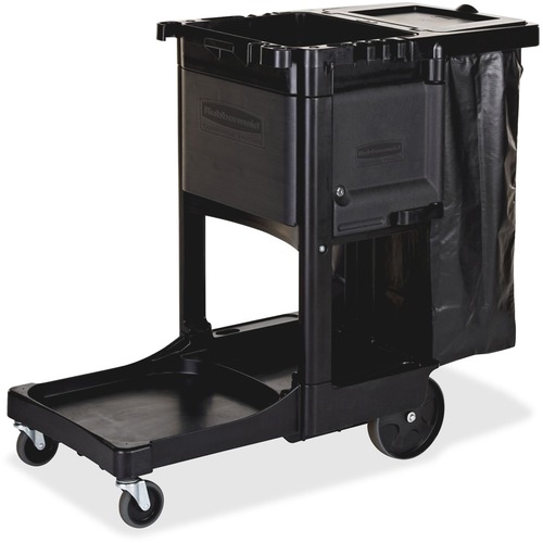 Rubbermaid Commercial Janitorial Cart, Executive, 3-Shelf, 25-Gal Zippered Vinyl Bag, 11 Tool Hooks, Locking Cabinet, 21.75" x 46" x 38", Black
