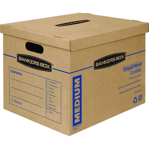 Fellowes Bankers Box SmoothMove Moving Boxes, Medium, 15" W x 18" D x 14" H Internal, Kraft Double-Wall, Lift-Off Lid, Built-In Handles, 8/CT