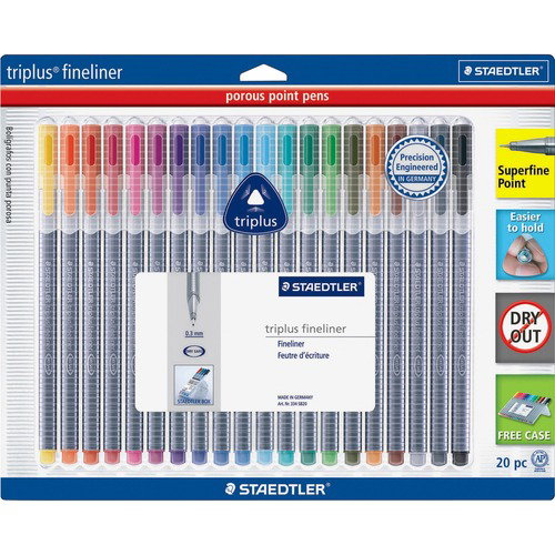 Staedtler Triplus Fineliner Pens, 0.3 mm Superfine Tip, Assorted Water-Based Ink, Washable, Triangular Ergonomic Barrel, Dry-Safe, 20/PK