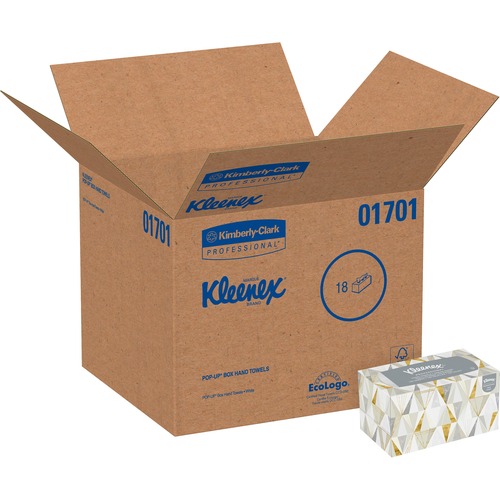Kleenex Hand Towels, Countertop, Premium Absorbency Pockets, Pop-Up Box, 9" x 10.25", White Fiber, 120/Box, 18/CT