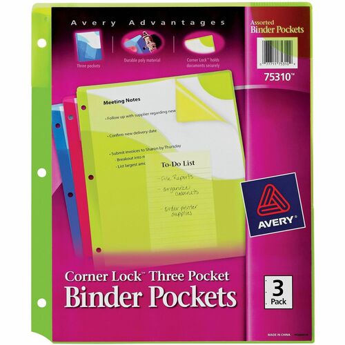 Avery Binder Pockets, Corner Lock, 3-Hole Punched, 20-Sheet Capacity, Letter 8.5" x 11", Polypropylene, Blue/Green/Pink, 3/PK