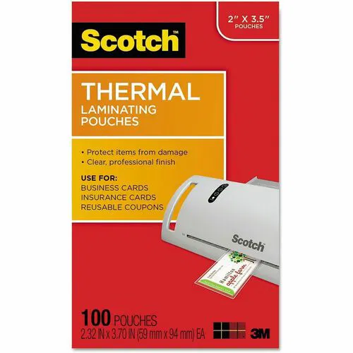 Scotch Laminating Pouches, 2.3" x 3.7" x 5 mil, Clear Glossy, Double-Sided, Moisture Resistant, Photo-Safe, for Thermal Laminators, 100/PK