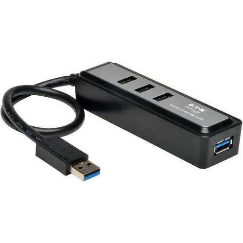 Tripp Lite U360-004-MINI USB Hub, Portable, 4-Port USB 3.0 SuperSpeed, Built-In Cable, Black/Silver, PC/Mac