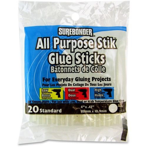 SureBonder Glue Stick, 4" L x 7/16" Dia, All-Purpose, All-Temperature, Clear, for Low/High/Dual-Temp Guns, 20/PK