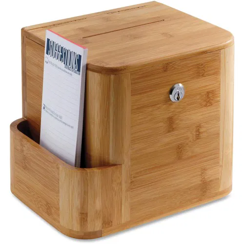 Safco Suggestion Box, Wall-Mount, Bamboo, Key Lock, Acrylic Display for 8.5" x 5.5" Paper, Side Pen Compartment, 10" x 8" x 14"