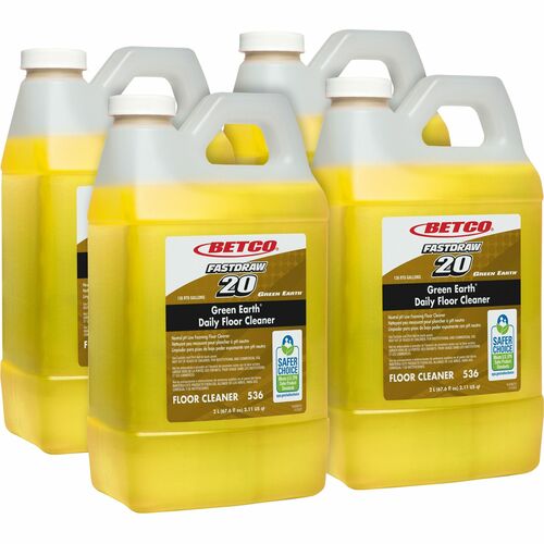 Betco Floor Cleaner, Green Earth, Concentrate, 67.6 fl oz (2.1 qt), Fragrance-Free, 1:256 Dilution, Yellow Bottle, 4/CT