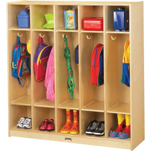 Jonti-Craft Rainbow Accents 5-Section Coat Locker, 48" W x 15" D x 50.5" H, UV Acrylic Finish, Double Hooks, Rounded Corners, Greenguard Gold