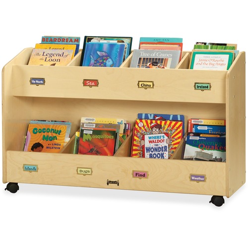 Jonti-Craft Mobile Book Rack, 8 Compartments, 48" W x 16" D x 29.5" H, Baltic Acrylic, Label Holders, Lockable Casters