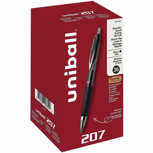 Uni-Ball 207 Gel Pen, Retractable, 0.7 mm Medium, Black Pigment-Based Ink, Uni Super Ink, Refillable, Textured Rubber Grip, 36/PK
