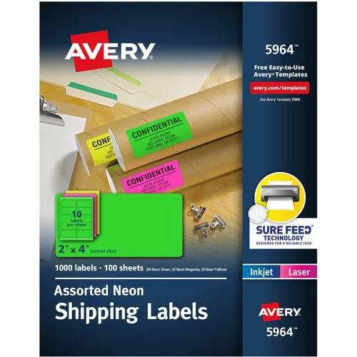 Avery Shipping Labels, 2" x 4", Neon Magenta/Neon Green/Neon Yellow, Permanent Adhesive, Inkjet/Laser Printable, 1000/Box