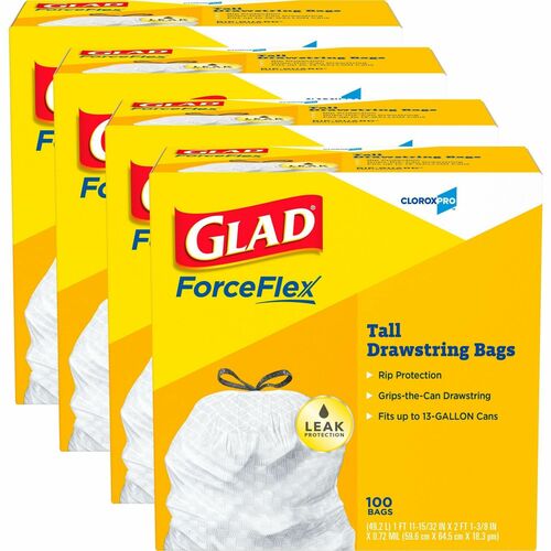 Glad Trash Bags, Tall Kitchen, ForceFlex, 13 gal, 24" x 27", Drawstring, White, 100/PK, 4/CT