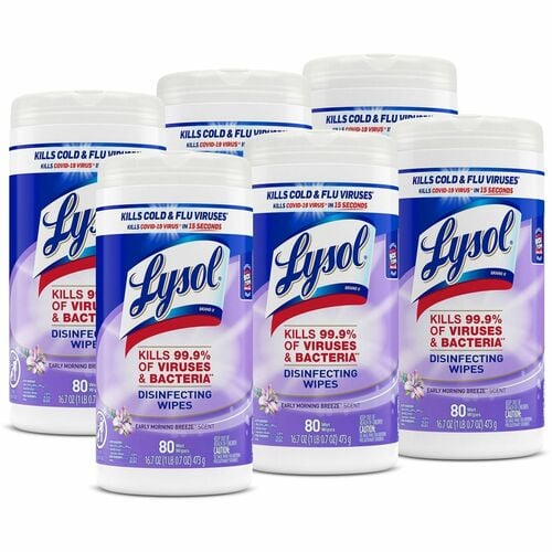 Lysol Disinfectant Wipes, Early Morning Breeze Scent, Canister, 80/Tub, 6/CT, Pre-Moistened, Multi-Surface