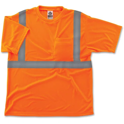 Ergodyne T-Shirt, GloWear, ANSI Class 2, Medium, Orange Polyester, 2-in Reflective Tape, Chest Pocket, Short Sleeve