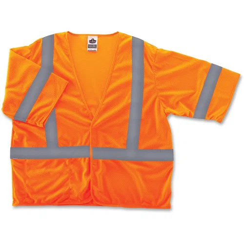 Ergodyne GloWear Class 3 Safety Vest, Short-Sleeve, Orange, Small/Medium, Polyester Mesh, 2 in Level 2 Reflective, Pocket, Hook-and-Loop Closure