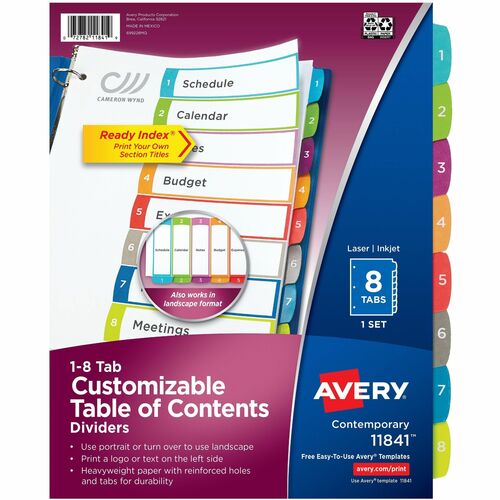 Avery Ready Index Dividers, 8 Arched Multicolor Tabs, Letter 8.5" x 11", Reinforced Edge, 3-Hole Punched, Laser/Inkjet Compatible