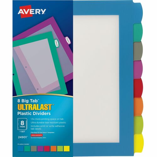 Avery® Big Tab™ UltraLast™ Plastic Dividers for Laser and Inkjet Printers, 8 tabs - 8 x Divider(s) - 8 Write-on Tab(s) - 8 - 8 Tab(s)/Set - 8.5" Divider Width x 11" Divider Length - 3 Hole Punched - Multicolor Plastic Divider - Multicolor 