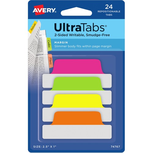 Avery Ultra Tabs, Narrow 2.5" x 1" File Tabs, Clear Film, Neon Assortment, Write-On, 24/PK, 72/CT