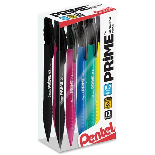 Pentel Prime Mechanical Pencil, 0.7 mm No 2 Medium Point, Assorted Lead, Grooved Grip, Replaceable Latex-Free Eraser, 12/PK