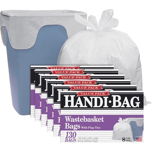 Berry Handi-Bag Wastebasket Bags - Small Size - 8 gal Capacity - 21.50" Width x 24" Length x 0.60 mil (15 Micron) Thickness - White - Hexene Resin - Home, Office - 130/Box - 6 / Carton