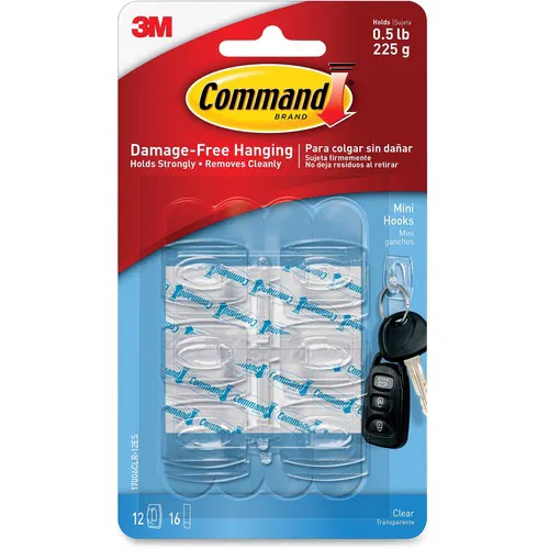 Command, Mini Hooks, for Home, 8 oz Capacity, Clear, Reusable Adhesive Strips, 6/PK