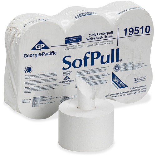 SofPull Bathroom Tissue, Centerpull, 2-Ply, 5.25" x 8.4", 1,000 Sheets/Roll, White, 100% Recycled, 6/CT, for SofPull Dispensers