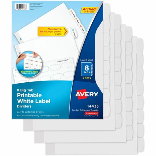 Avery Tab Dividers, Big Tab, 8.5" x 11", 32 Dividers (8 Tabs/Set), White Paper, Easy Peel, 3-Hole Punched, Inkjet/Laser Compatible, 4/PK