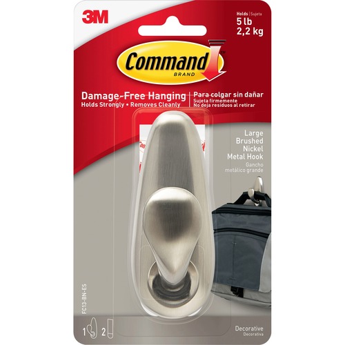 Command Hook, Surface, Forever Classic, Large, 5 lb Capacity, Brushed Nickel Metal