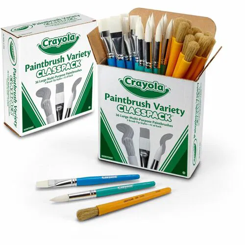 Crayola Paint Brushes Classpack, 3-Tip Variety, Jumbo/Large Flat/Large Round, Assorted Colors, 36/Box