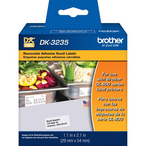 Brother DK3235 - Small Removable White Paper Labels - Removable Adhesive - 1.10" Width x 2.10" Length - 800 / Roll - White - Paper - 800 / Roll