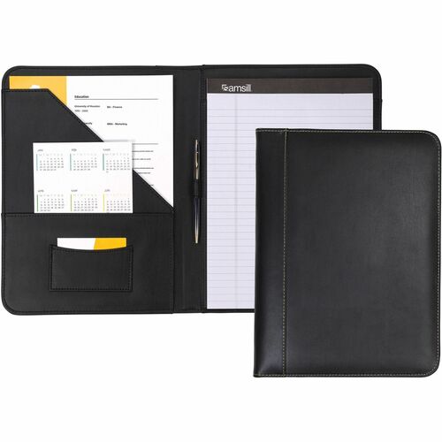 Samsill Pad Folio, 8.5" x 11" Letter, Leather, Black, Zipper Closure, Card Slot, Pen Loop, Writing Pad