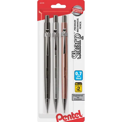 Pentel Mechanical Pencil, Sharp, 0.7 mm HB, Refillable, Break-Resistant Lead, Assorted Barrel, 3/PK