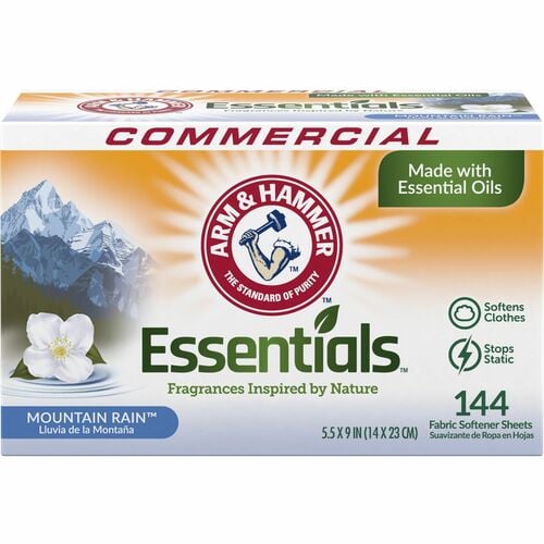 Arm & Hammer, Fabric Softener Sheets, Essentials, Mountain Rain Scent, Anti-Static, Long-Lasting, White, 144/Box