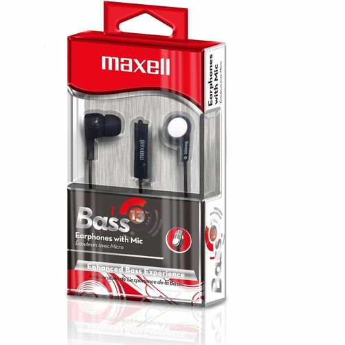 Maxell B-13 Earset, Wired, Enhanced Bass, Inline Mic, Soft Rubber Eartips, Noise Isolation, Black