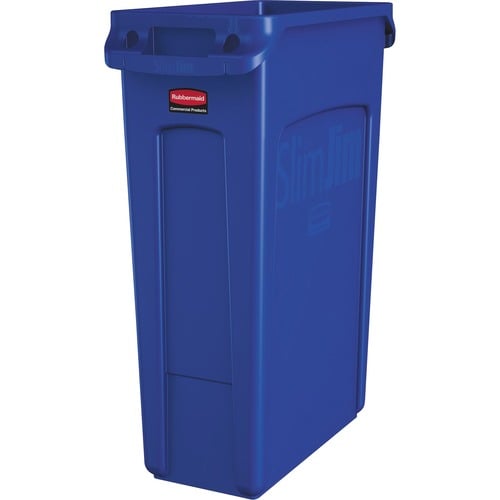 Rubbermaid Commercial, Waste Container, Slim Jim, 23 gal, Vented, Liner Cinches, Side Handles, Blue, 22" W x 11" D x 30" H