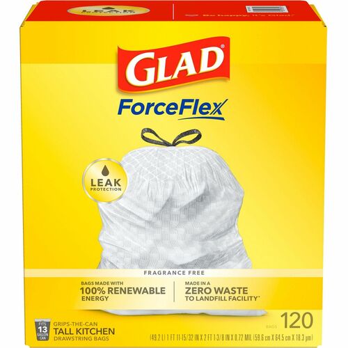Glad ForceFlex Trash Bags, 13 gal, 9 mil, Drawstring, White Plastic, 120/Box