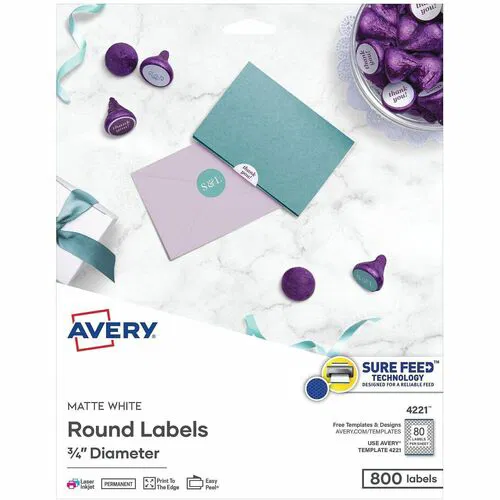 Avery Easy Peel Multipurpose Labels, 3/4" Round, Matte White Paper, Permanent Adhesive, Inkjet/Laser, 800/PK