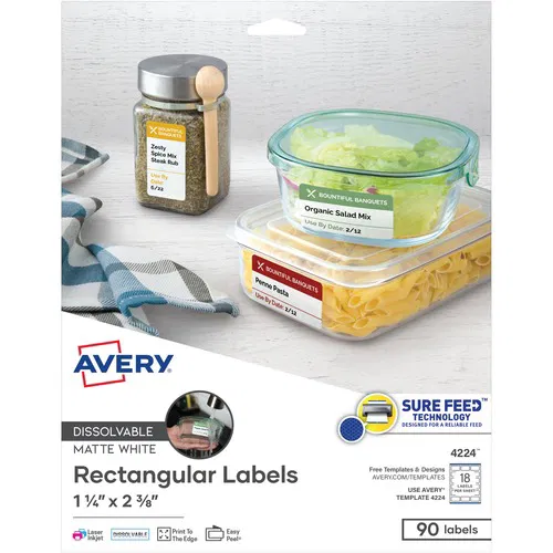 Avery Easy Peel Multipurpose Labels, Dissolvable, 1 1/4" x 2 3/8", Laser/Inkjet, White Paper, Matte, 90/PK