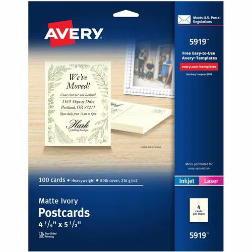 Avery Postcards, 4.25" x 5.5", Ivory Matte Card Stock, 80 lb, Double-Sided, Rounded Corners, Perforated, 100/Box