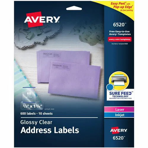 Avery Easy Peel Address Labels, 2/3" x 1 3/4", High-Gloss Clear Film, Permanent Adhesive, Inkjet/Laser Compatible, 600/PK