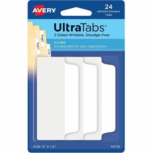 Avery Index Tabs, Ultra, 3" x 1.5", Clear Film/White Paper, Repositionable, Double-Sided Writable, 24/PK