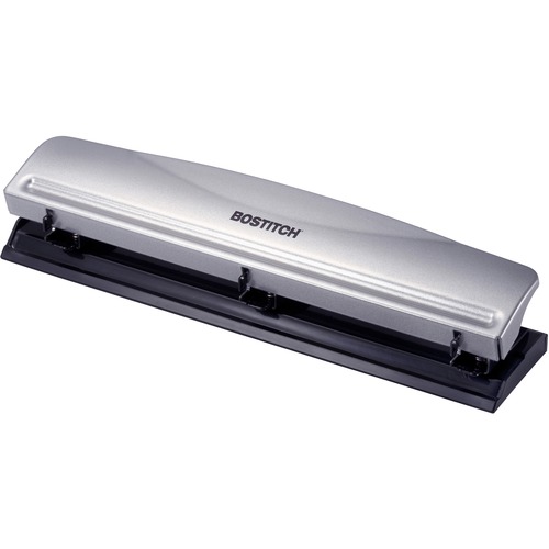 Bostitch 3-Hole Punch, 12-Sheet Capacity, 9/32 in Holes, Steel Body, Rubber Base, 2.5 in x 10.6 in x 1.7 in, Silver/Black