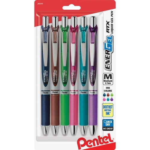 Pentel EnerGel RTX Gel Pen, 0.7mm Medium, Retractable, Refillable, Quick-Drying Liquid Gel Ink, Assorted Colors, 6/PK