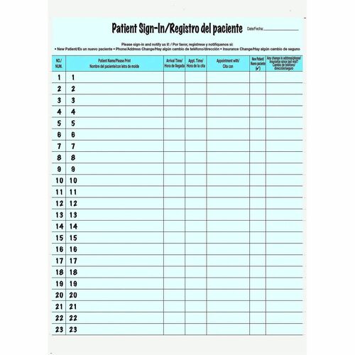 Tabbies Patient Sign-In Forms, Office, Letter, 8.5 in x 11 in, Blue, Removable Numbered Label Strip, Bilingual English/Spanish, 125/PK