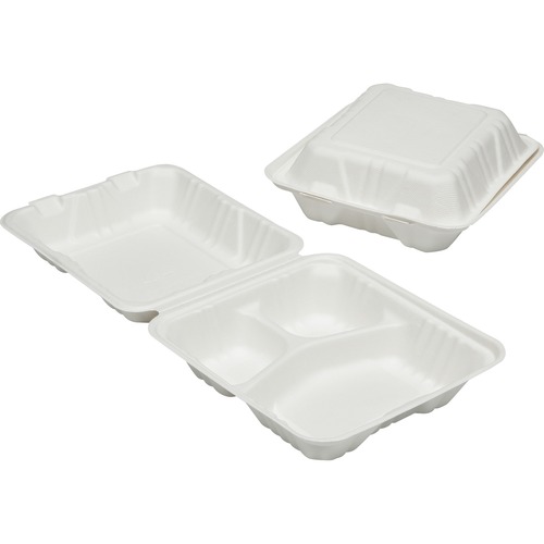 SKILCRAFT 3-Compartment Hinged Lid Tray - Microwave Safe - White - Wood Pulp Body - 200 / Carton - TAA Compliant
