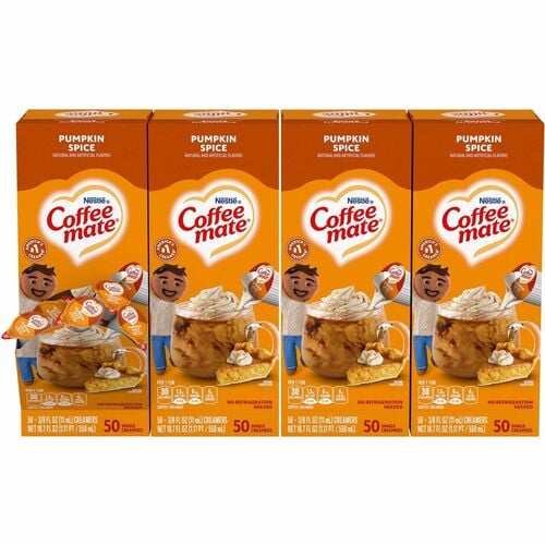 Coffee Mate, Liquid Creamer Singles, Nondairy Pumpkin Spice, 0.38 fl oz (11 mL), 50/Box, 4/CT