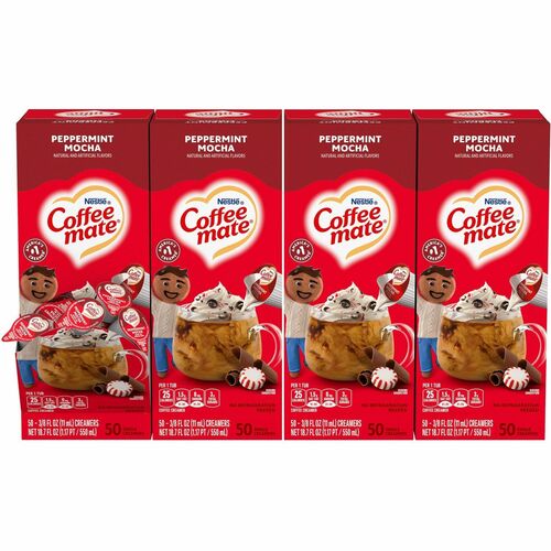 Coffee Mate Liquid Creamer Singles, Peppermint Mocha, 0.38 fl oz (11 mL), 200 Servings, 50/Box, 4/CT, Lactose-Free, Kosher Dairy